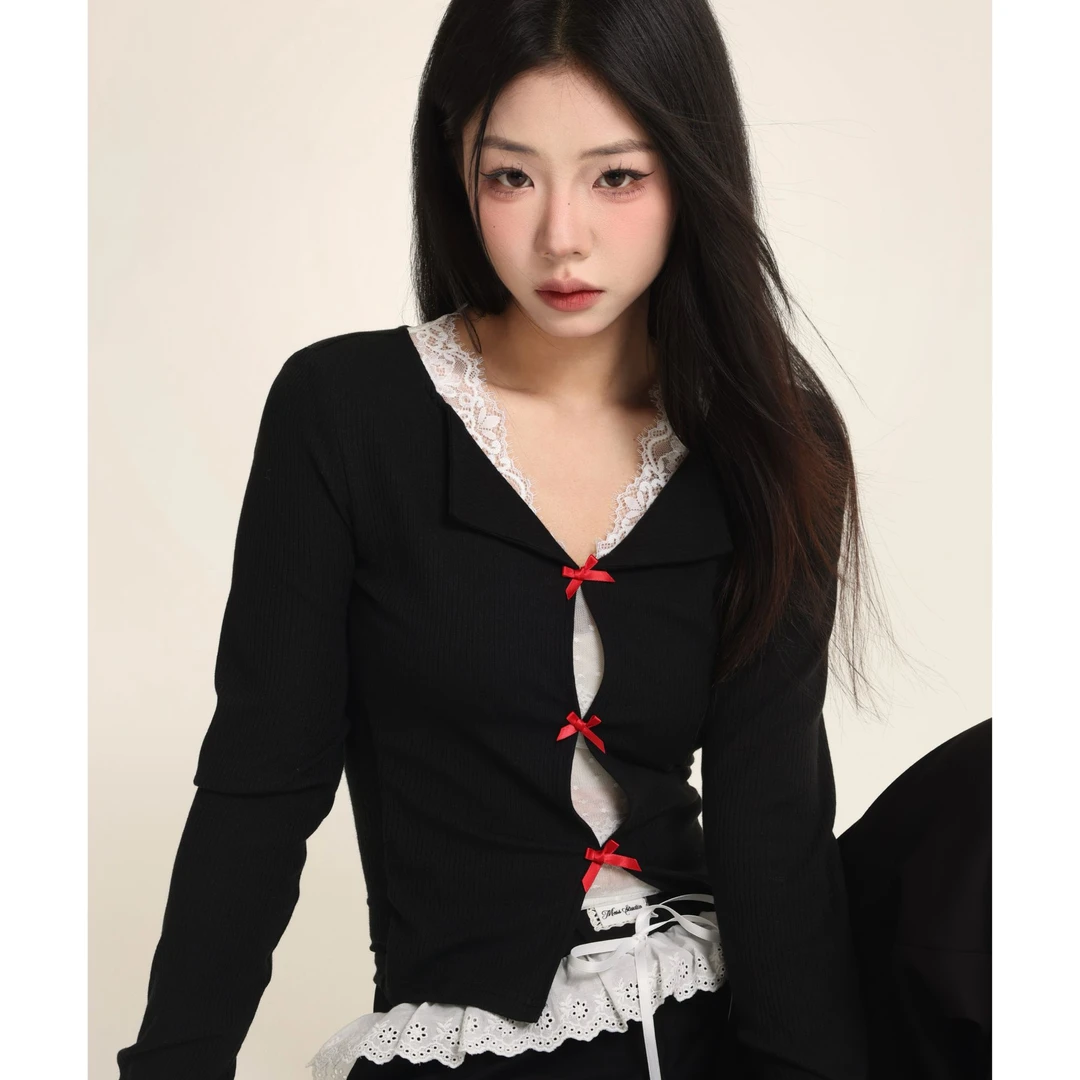 【小野莓】韩版时髦气质设计感蕾丝撞色修身假两件甜酷套装BT46828