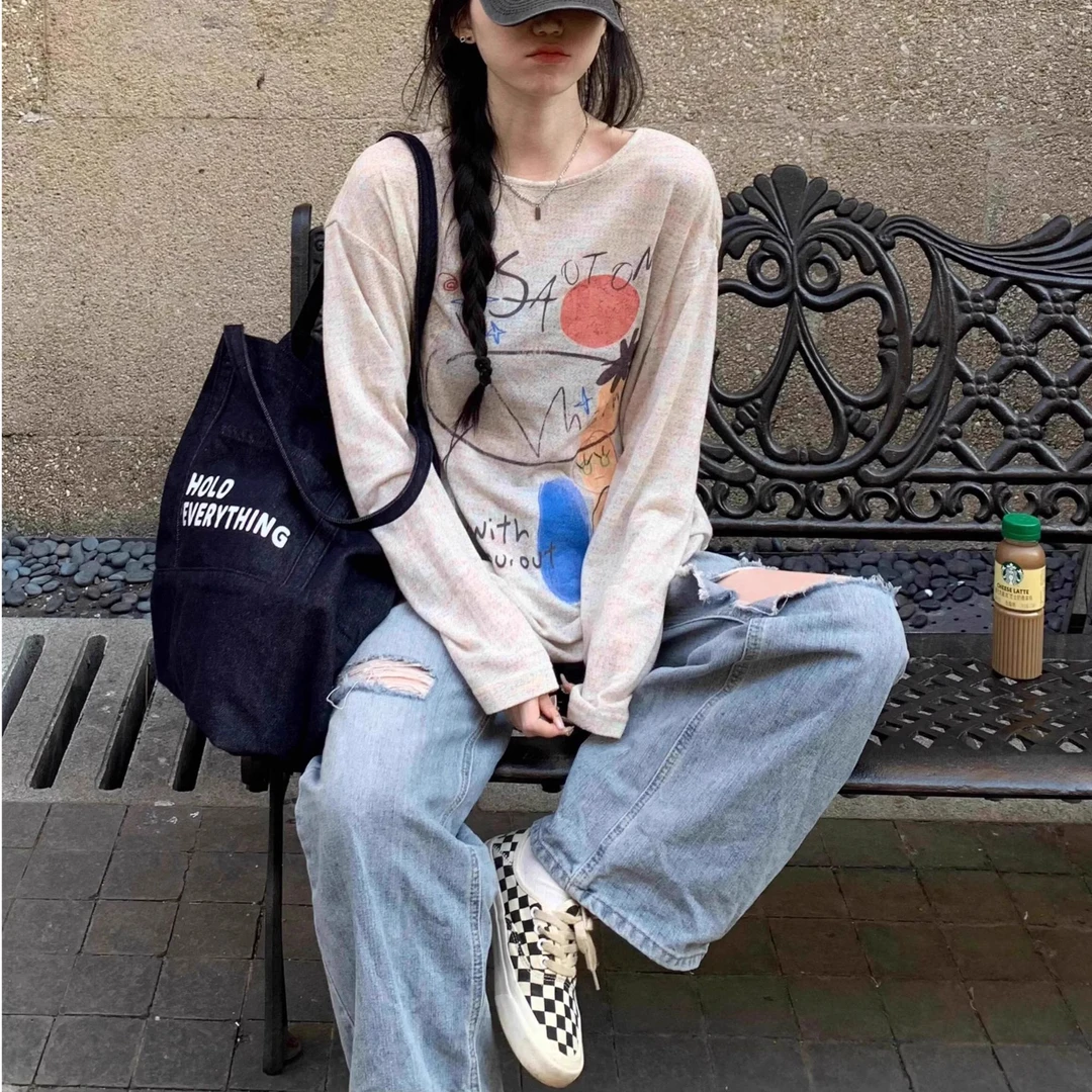 慵懒风彩色涂鸦薄款长袖罩衫T恤2025夏季新款宽松休闲百搭上衣女