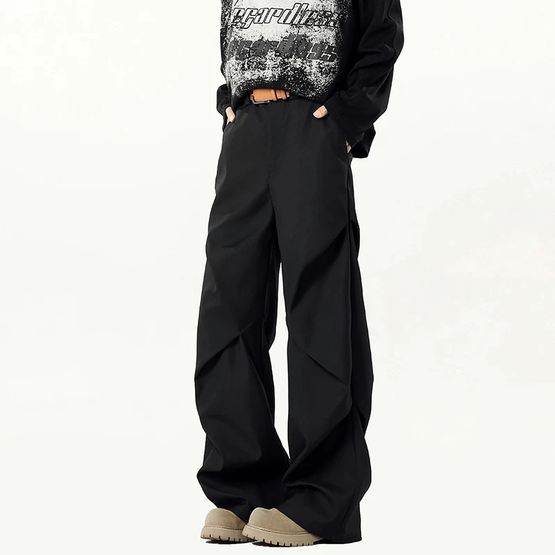 NNEFC压褶分割设计垂感黑色西裤男女款美式微喇cleanfit阔腿长裤