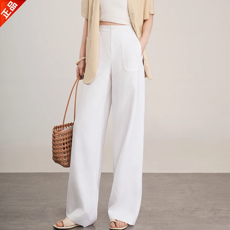正品2025夏季薄款新款高级感天丝亚麻高腰直筒拖地裤休闲阔腿裤女