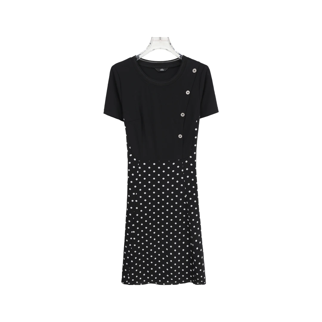 圆领设计感拼接波点印花收腰连衣裙S762