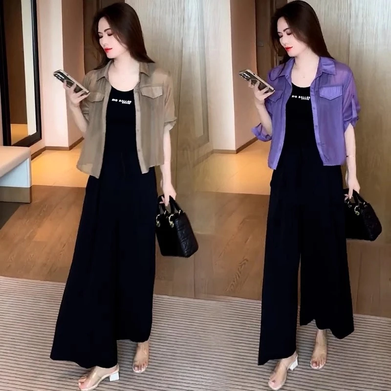 时尚套装女2025春夏新款洋气休闲显瘦设计感气质衬衣阔腿裤两件套