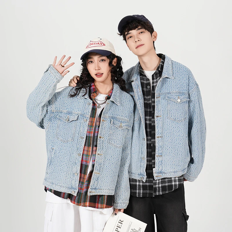 【情侣同款】秋冬新款时尚百搭休闲复古宽松落肩翻领编织牛仔夹克