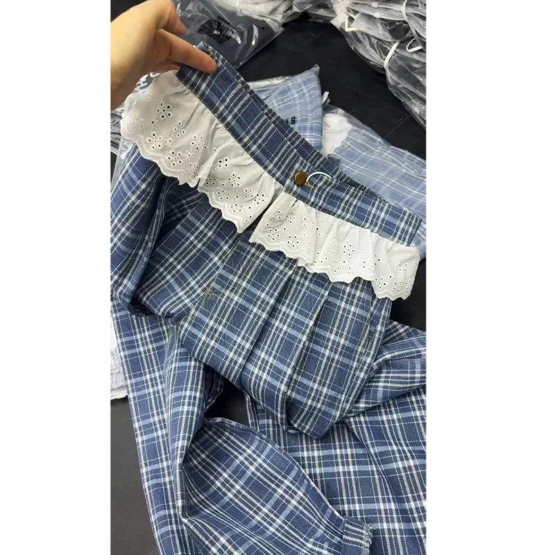 Aimeerosa/艾洛莎蕾丝拼接休闲裤女春夏时尚潮流百搭格子阔腿长裤