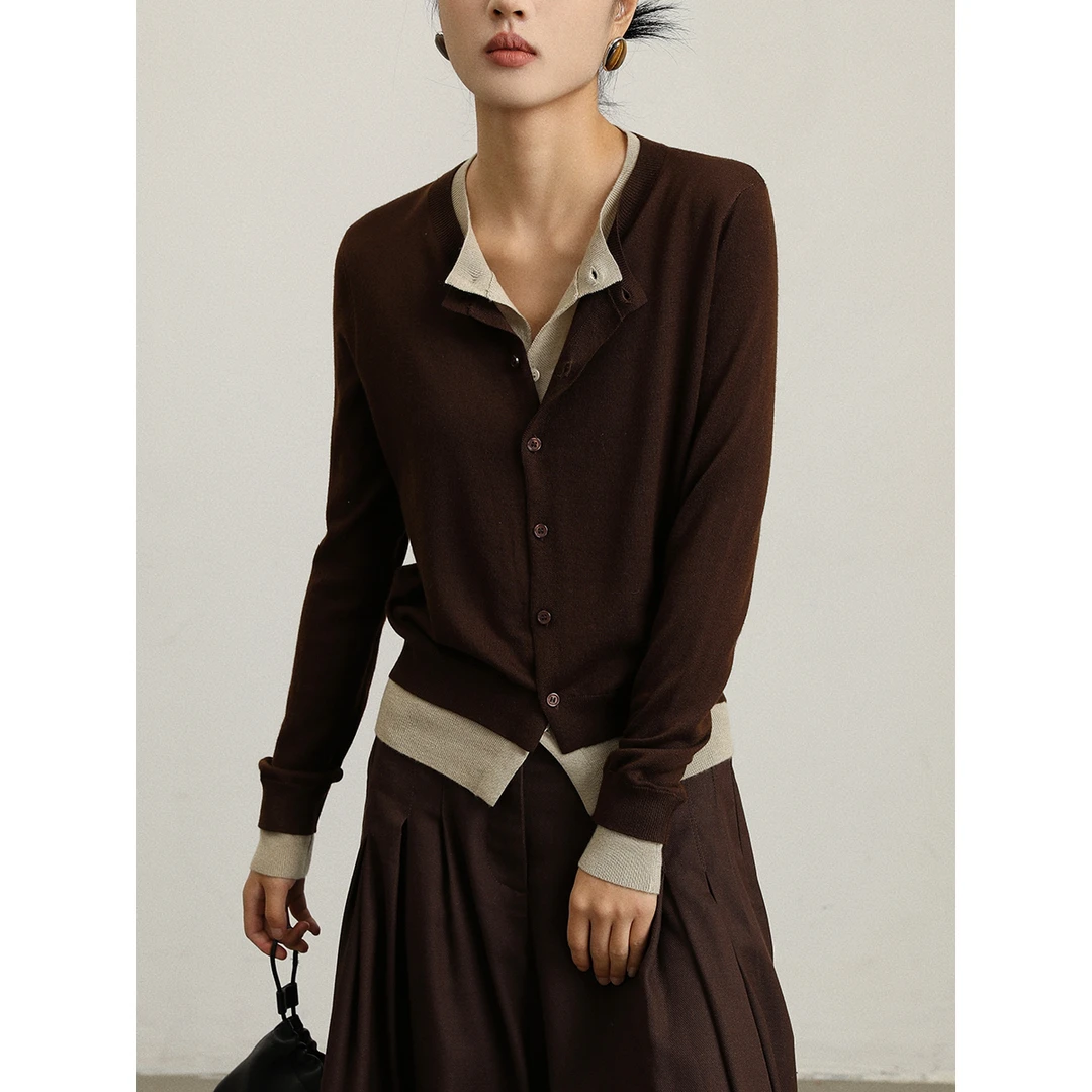 法式复古拼接假两件针织开衫毛衣女秋季慵懒外穿显瘦长袖上衣外套