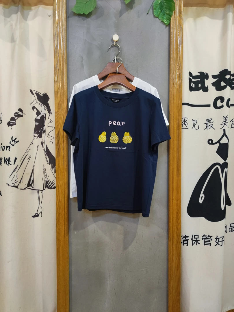 麦寻2025鸭梨新款夏季TXSFS77A印花圆领短袖宽松小众百搭T恤上衣