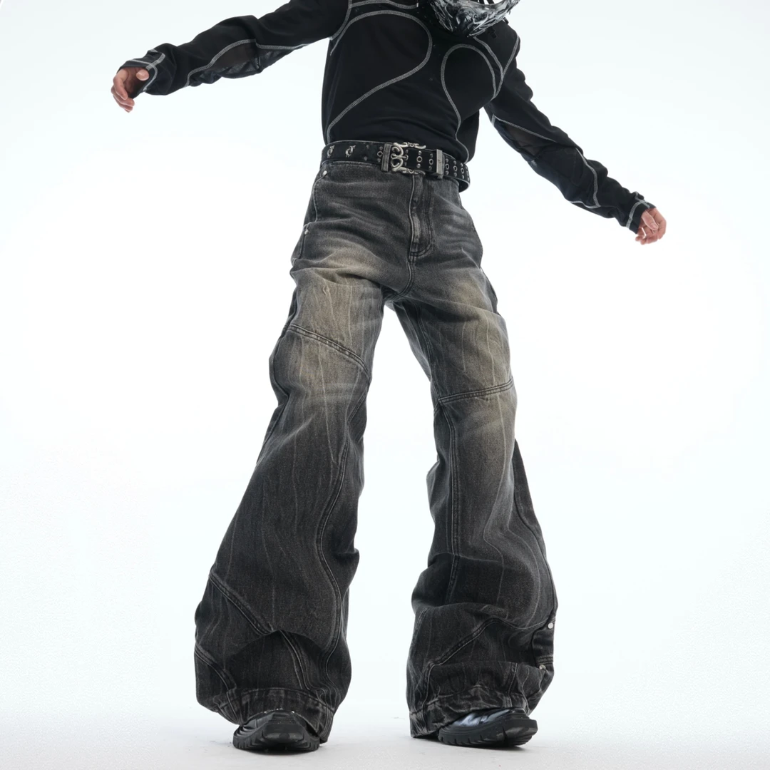 ArgueE CulturE 小众解构复古竹节纹牛仔裤灰蒙宽松做旧微喇长裤