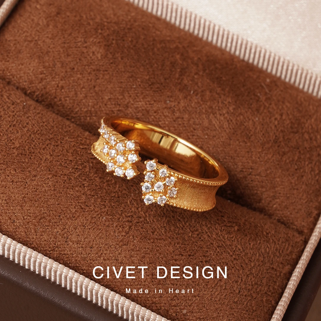 925银合成锆石戒指 拉丝满天星轻奢镶嵌纯银开口戒指小众气质女