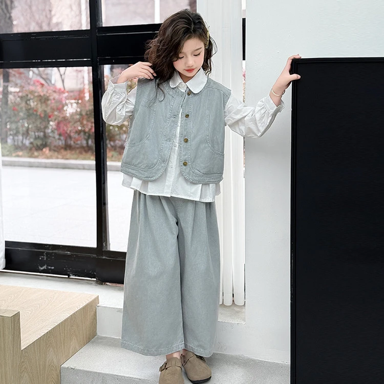 女童套装2025新款洋气儿童马甲衬衫阔腿裤三件套春秋装女孩