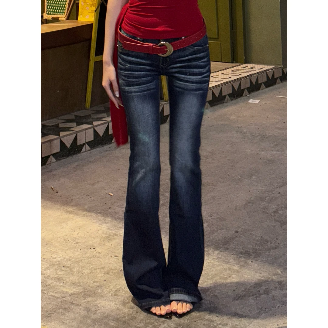 【YYUANZI】“长腿欧尼”紧身低腰深蓝磨白复古做旧微喇拖地长裤