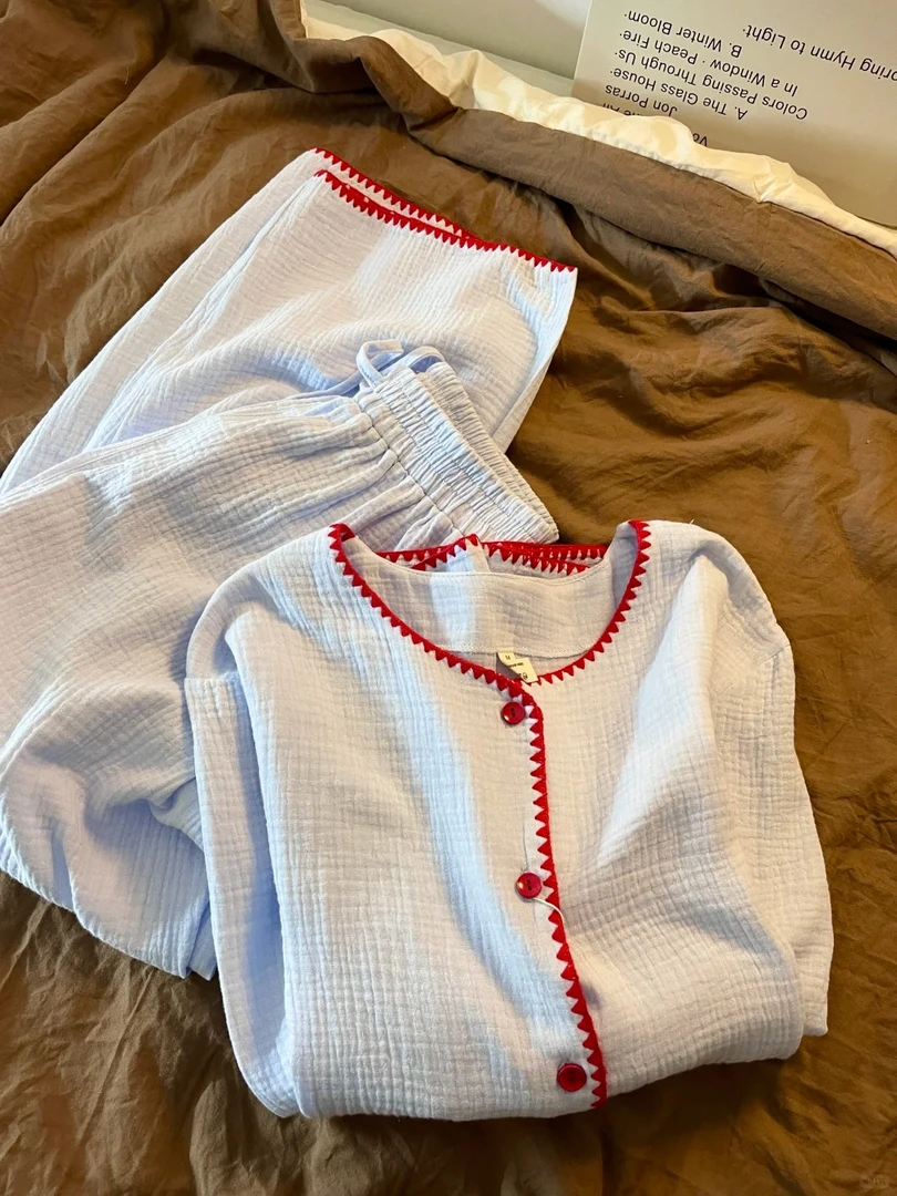 日系甜美可爱休闲风高级感纯色睡衣女春秋款高级套装家居服可外穿