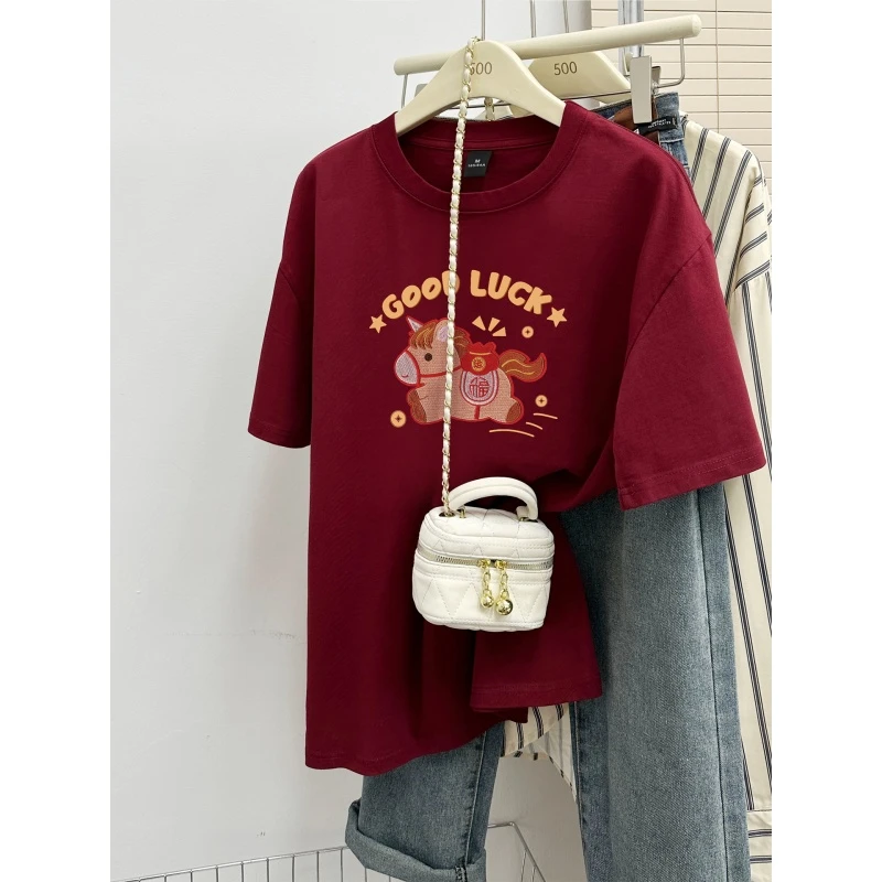 2026新款酒红色短袖t恤女小马印花爆款重磅宽松大码纯棉半袖上衣