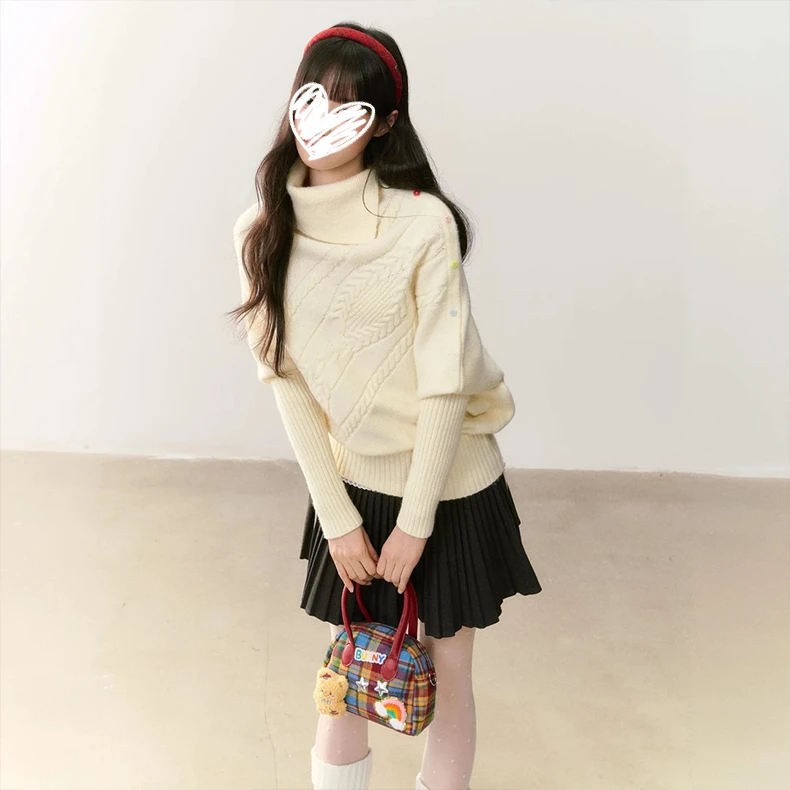 【独自美丽】设计感慵懒风绞花彩扣斗篷毛衣女秋季新款百搭上衣洋气