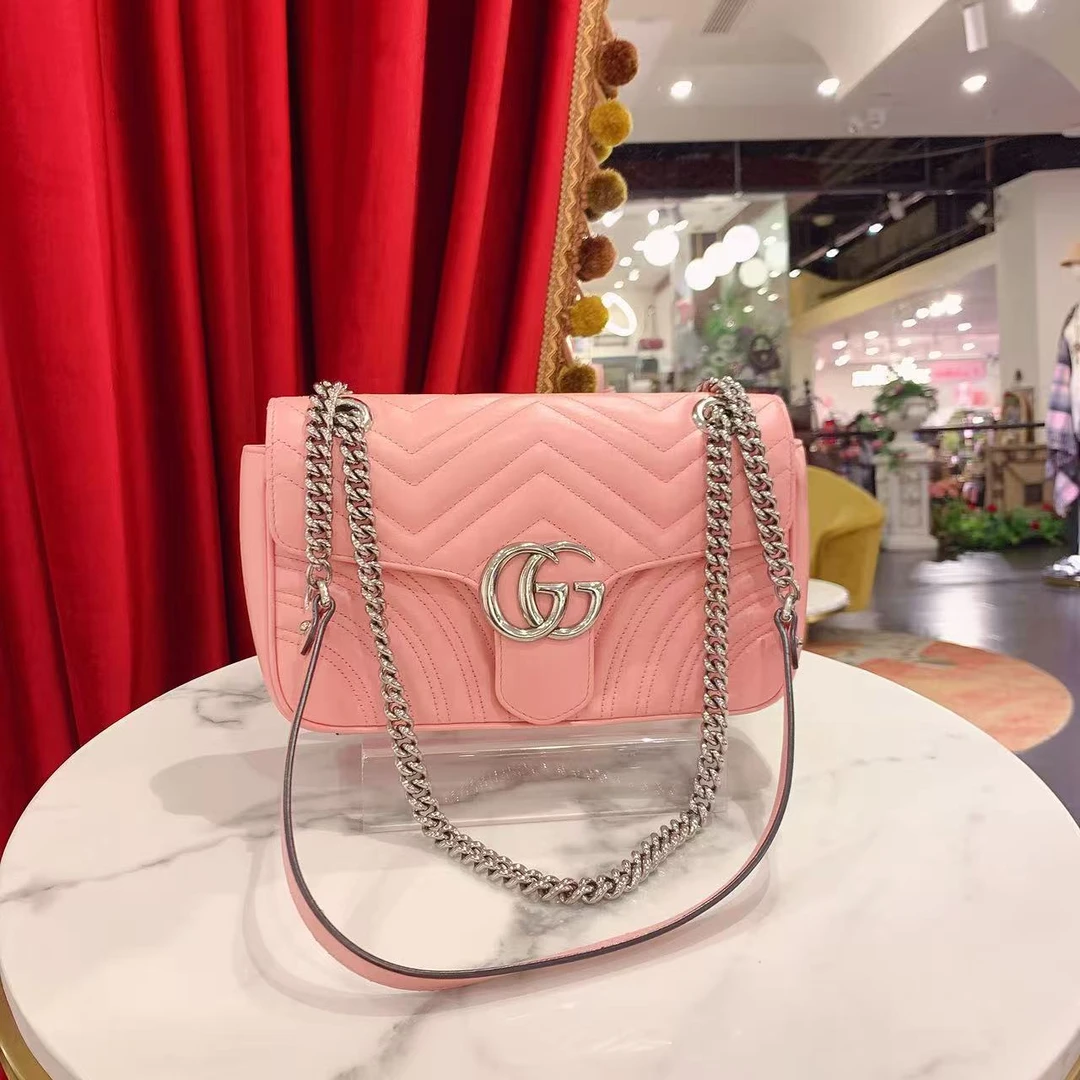 95新 GUCCI/古驰 GGS马蒙中号粉色银扣牛皮单肩包89171947