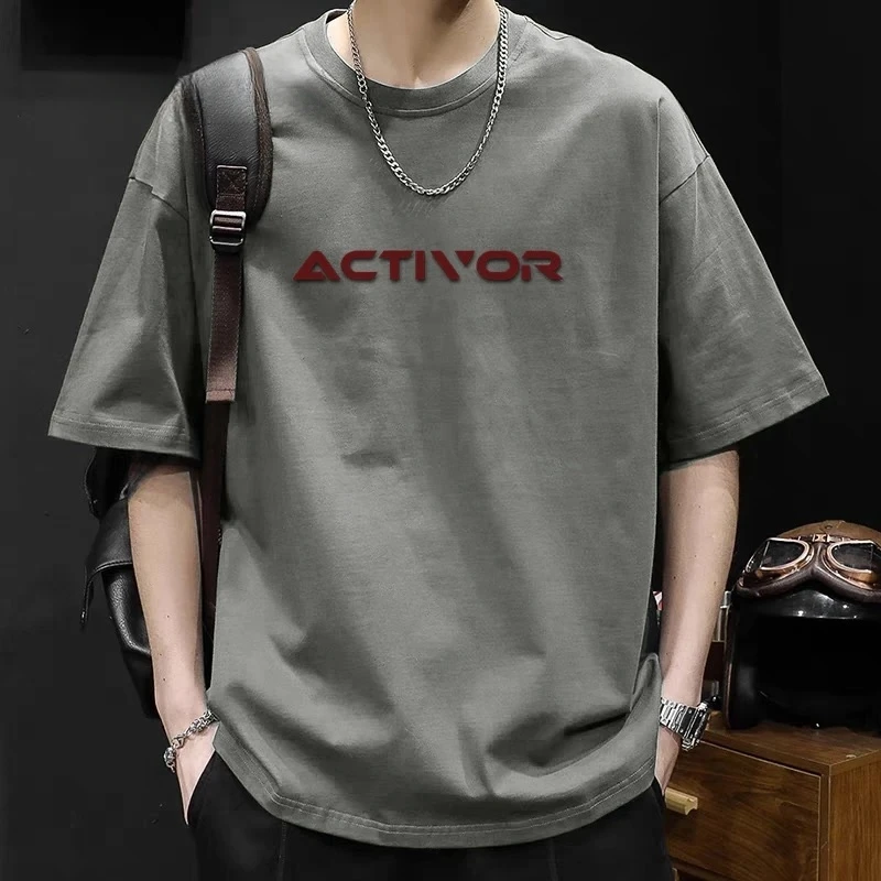 纯棉短袖T恤男宽松落肩百搭韩版休闲学生潮流宽松印花圆领短袖