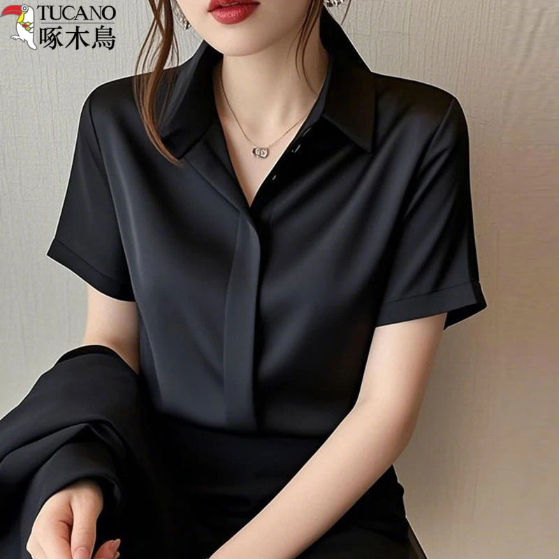 高级感缎面黑色衬衫女夏短袖职业通勤简约气质抗皱长袖白上衣