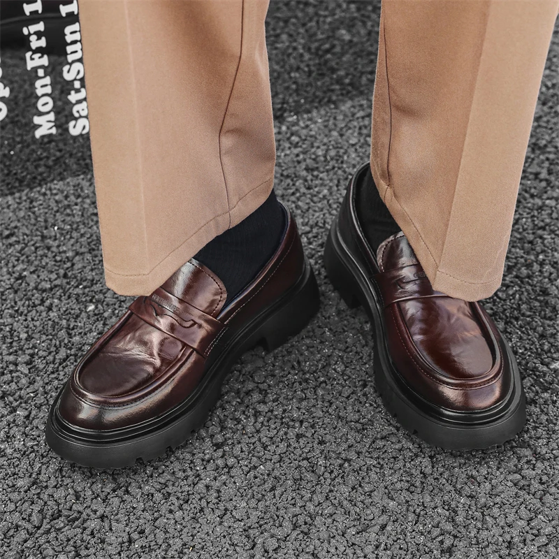 1813新款黑色休闲EVA厚底一脚蹬防滑英伦风大头德比高端男皮鞋