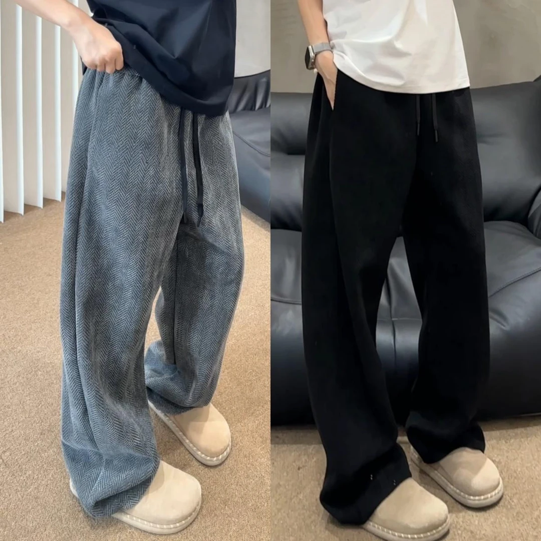 秋冬休闲裤男装斑马纹肌理宽松直筒裤阔腿裤重磅卫裤男生弯刀裤潮