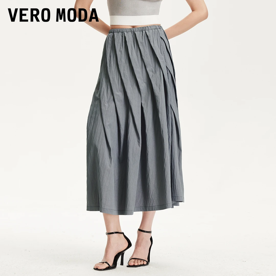 Vero Moda半身裙春游出行洋气中腰A字松紧腰头褶皱半裙325216014