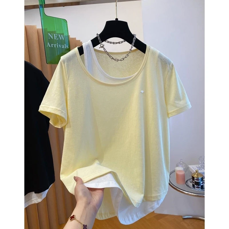 P0193韩国假两件t恤女短袖新款宽松休闲简约鹅黄色纯棉打底衫上衣