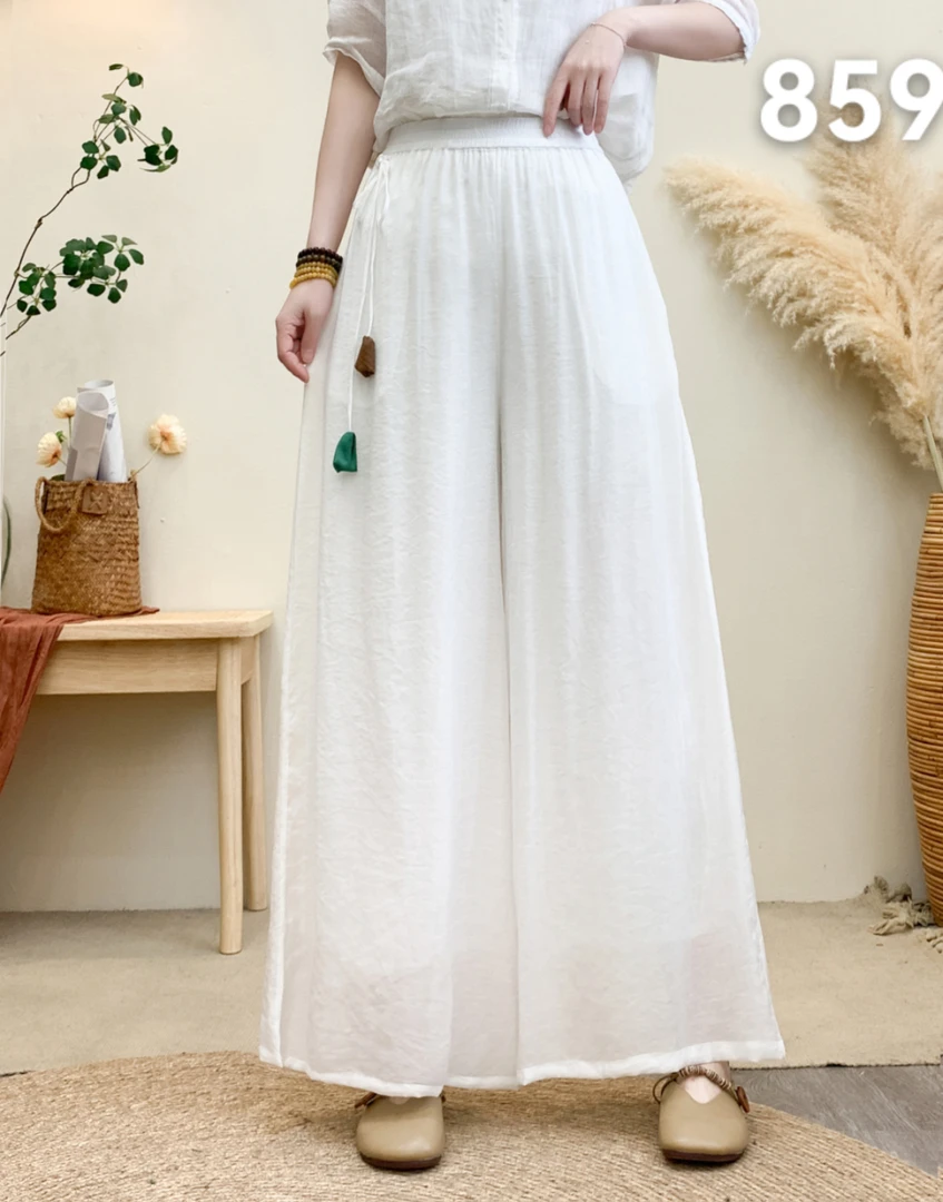 夏季女款宽松纯色松紧腰复古薄款中国风阔腿长裤