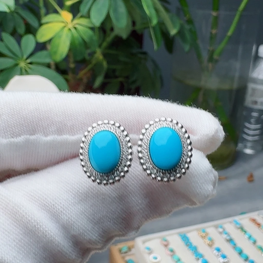 绿松石银S925镶嵌耳饰耳钉