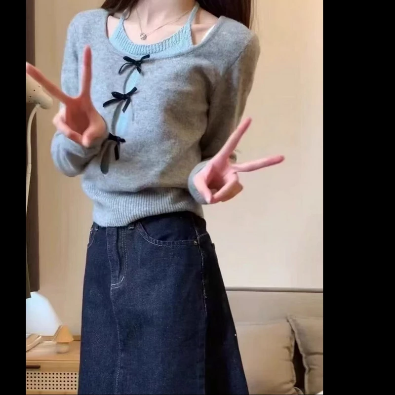 韩系穿搭蝴蝶结毛衣女2025春季新款慵懒高级感时尚百搭针织假两件