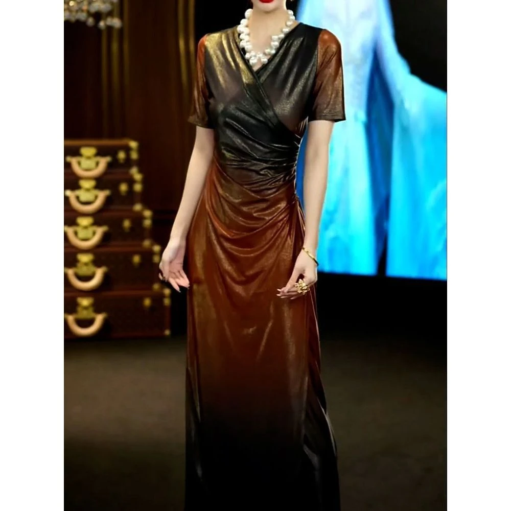 端庄优雅时尚轻奢V领连衣裙2025夏季新款气质名媛风修身显瘦长裙