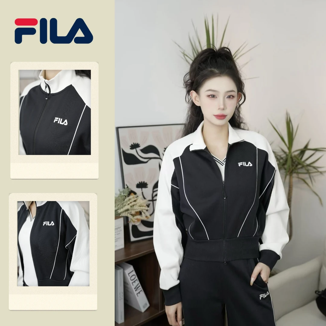 FILA斐乐新款女子时尚休闲经典黑白撞色针织长袖外套 F11W519502F