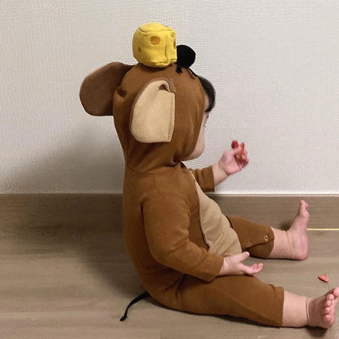 ins2025春秋婴儿可爱老鼠卡通连帽长袖连婴儿中宝宝连体开裆裤