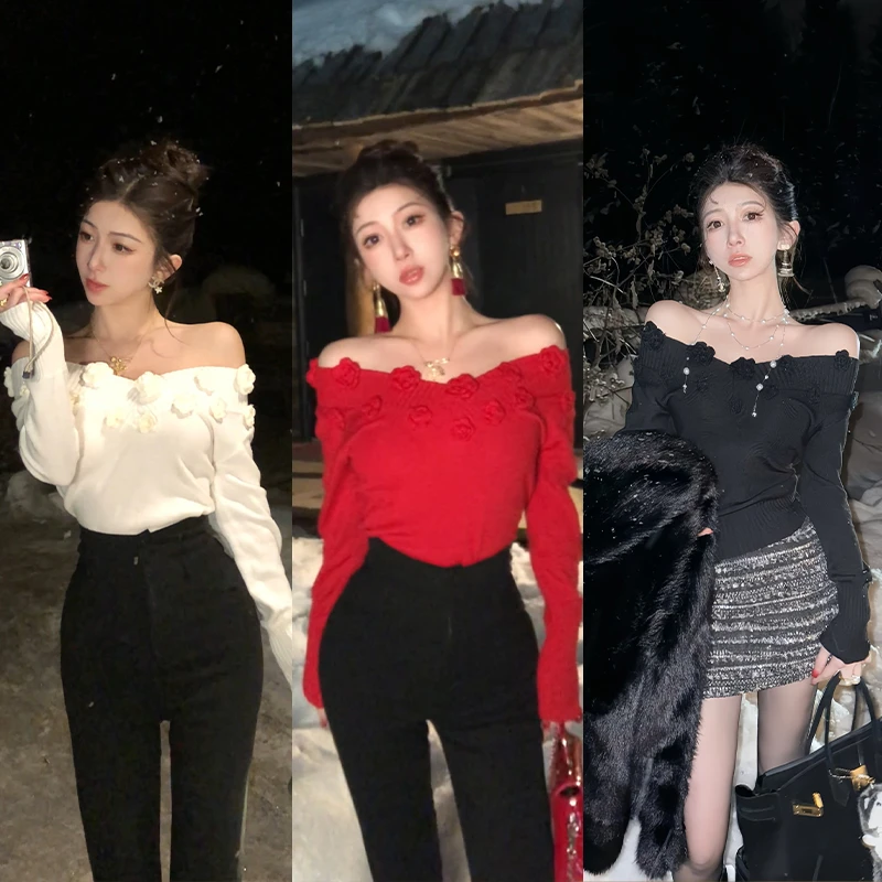 小雨姐姐新款【丽塔玫瑰】纯欲性感v领立体花朵针织收腰上衣女