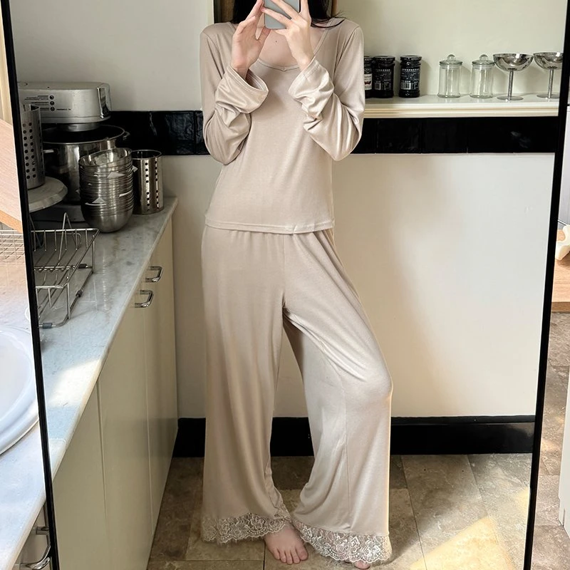 睡衣女春秋季高级感纯欲性感美背镂空蕾丝阔腿家居服睡衣秋款女