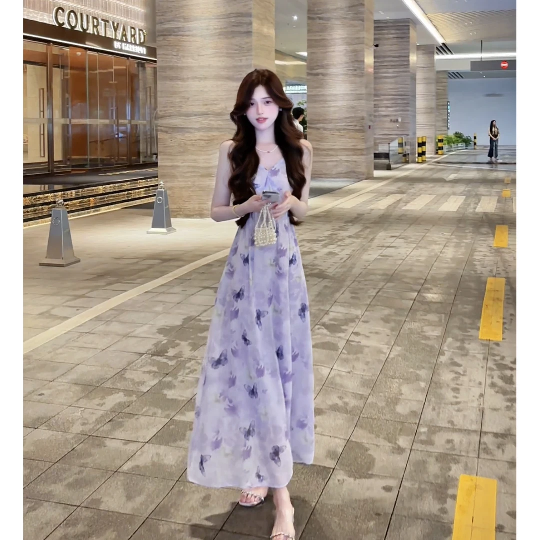 紫色法式V领吊带连衣裙女夏季修身显瘦度假长裙子7006