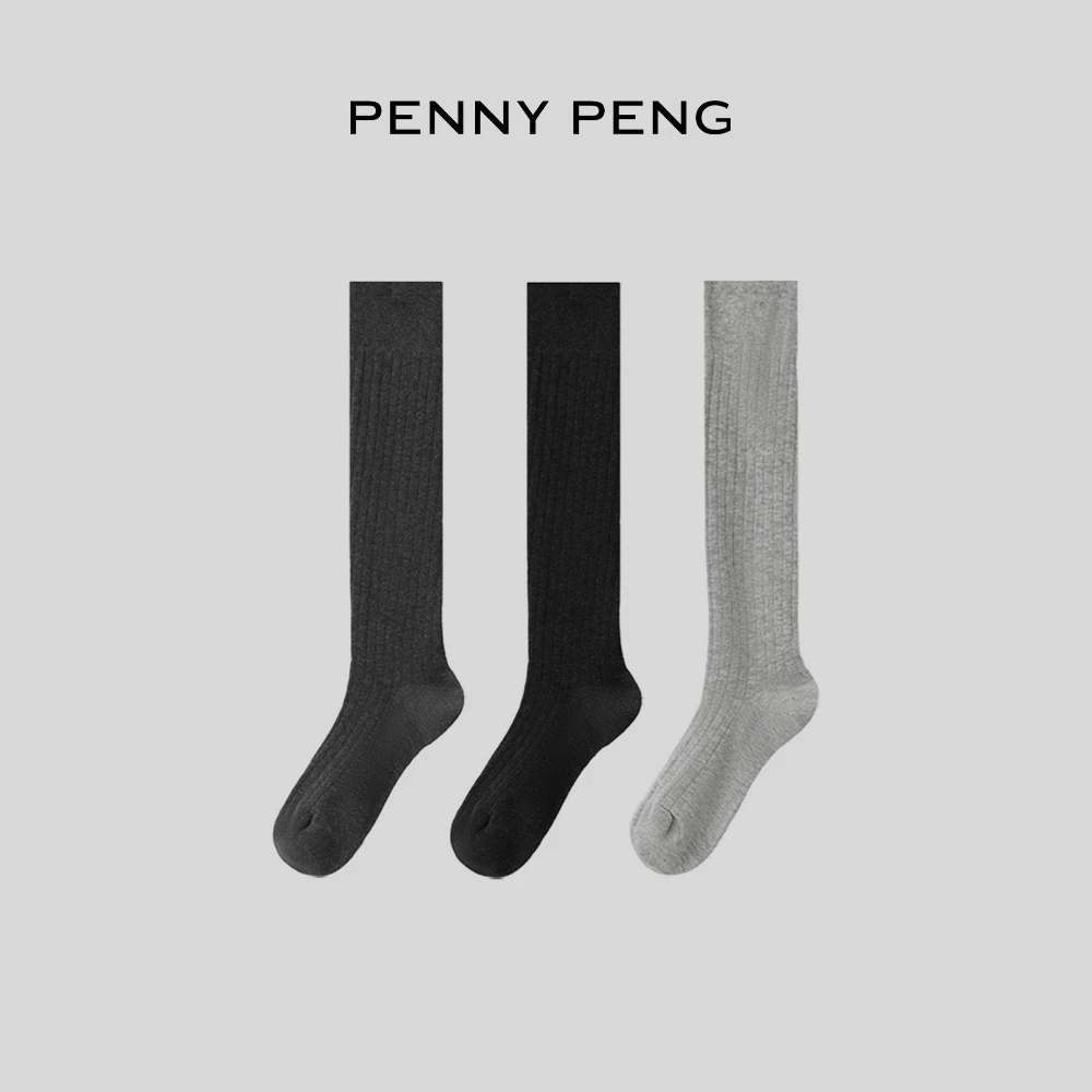 PENNYPENG 坑条小腿袜 百搭宽坑条小腿袜显瘦中筒袜女（一组三双）