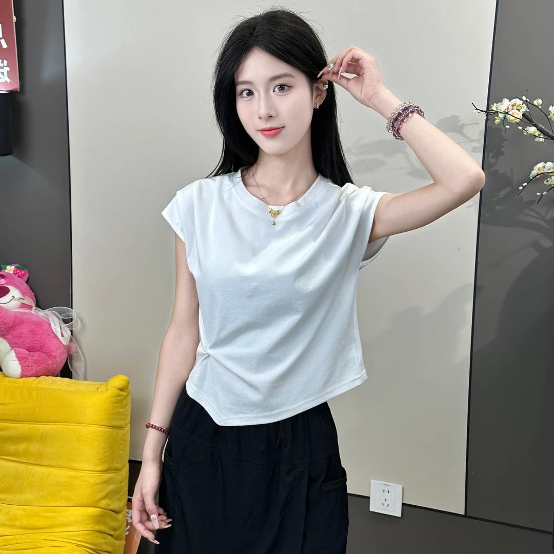 蔡小姐不规则设计感短袖T恤女2025新款小众褶皱短款时尚百搭显瘦