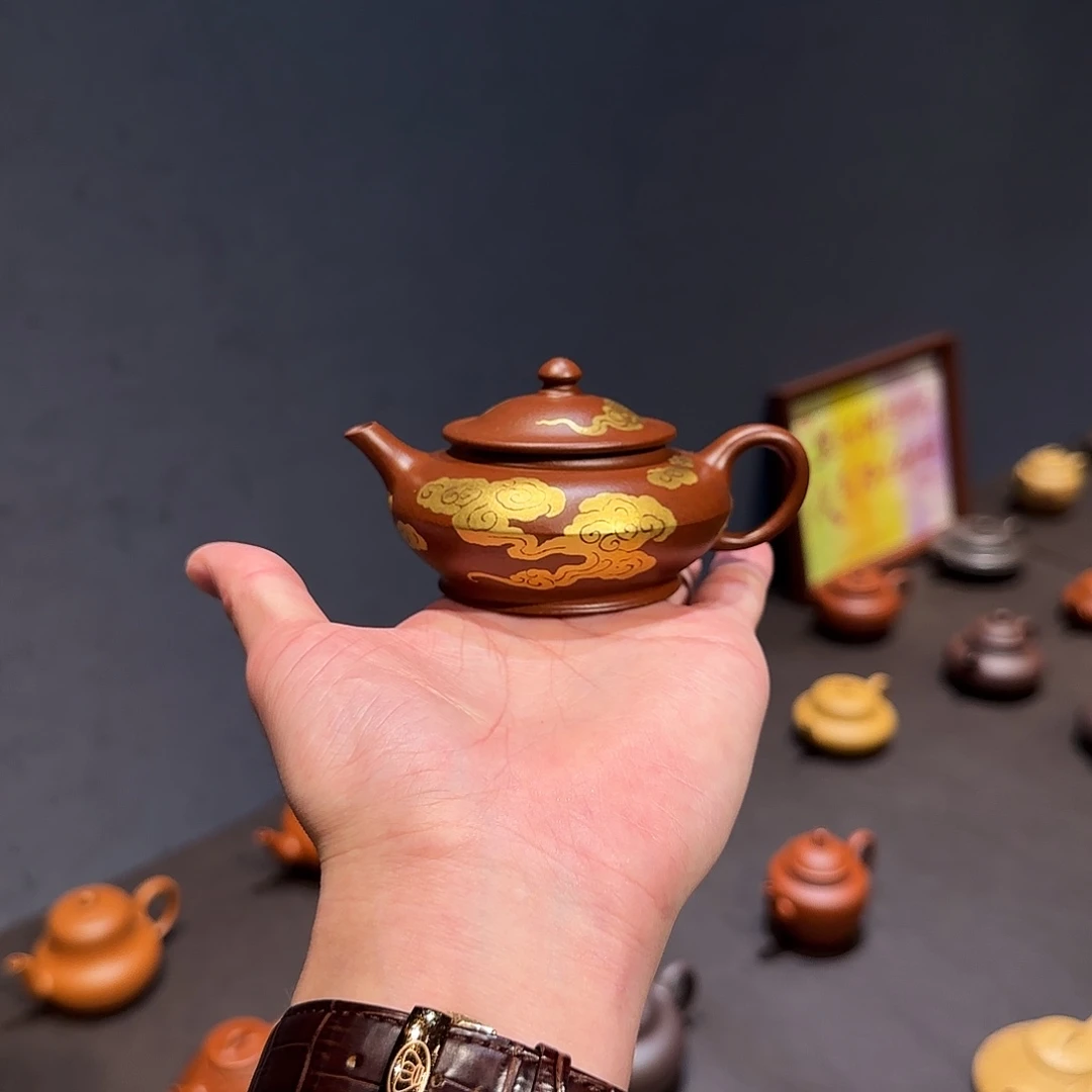 淸***G紫砂茶壶合欢 紫泥 描金 110cc