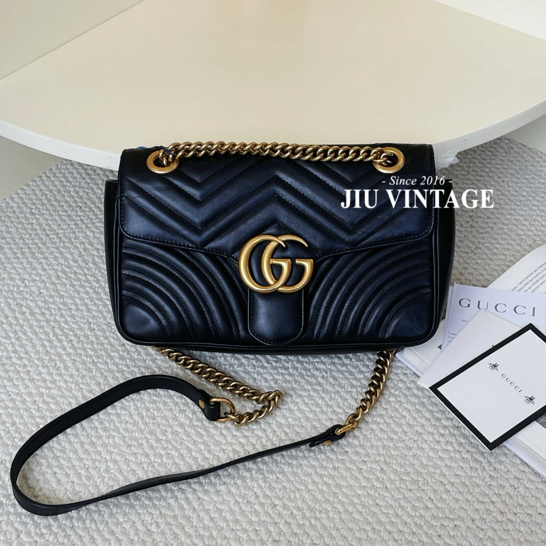 95新 GUCCI/古驰 黑金marmont马蒙26说明书小票BJM13-0746