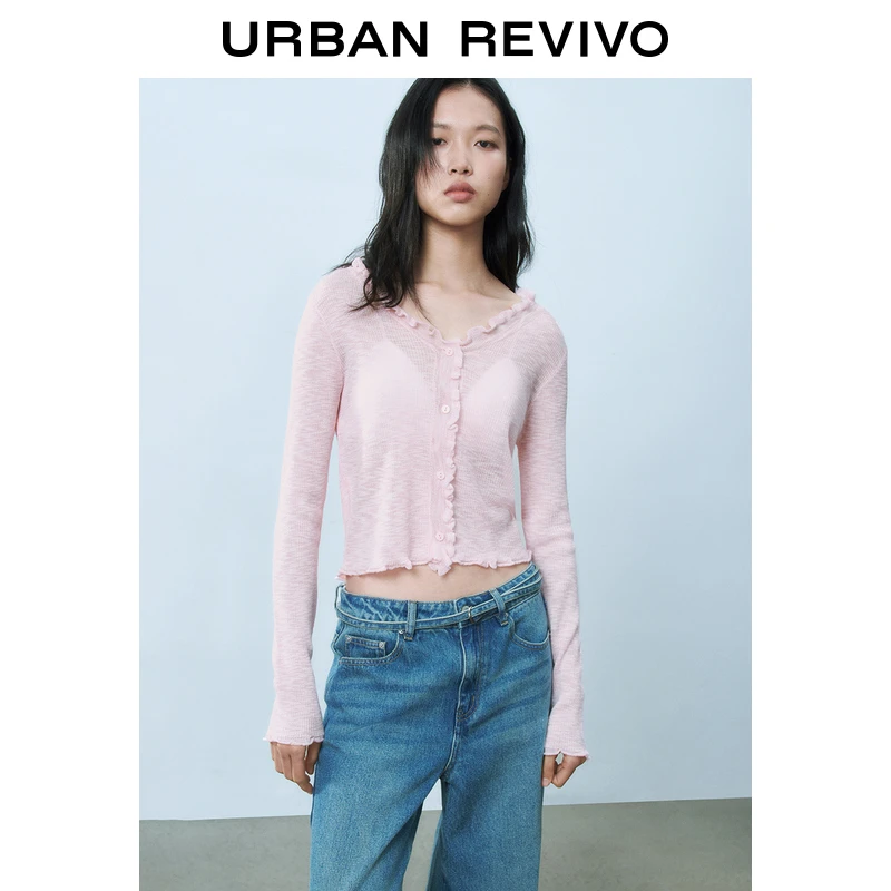 UR2025秋季新款女装休闲V领木耳边修身针织开衫UYY950020