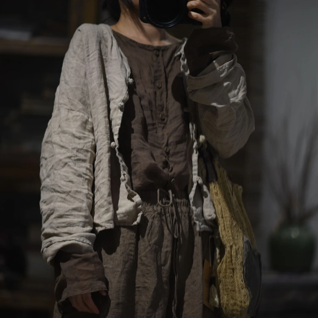 素年未央 SN77  文艺休闲亚麻手工扣开衫外套