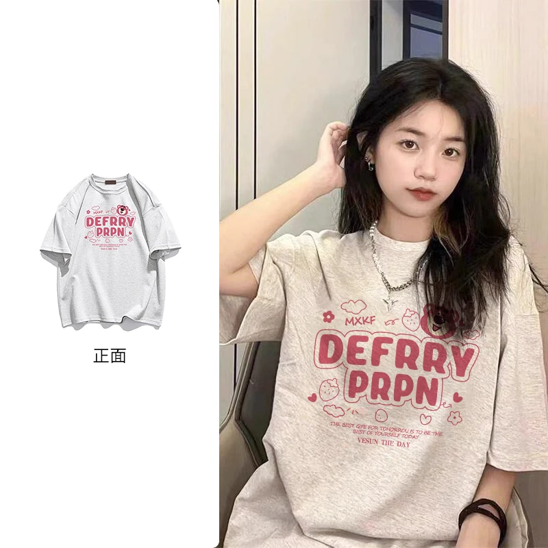 美式小众印花纯棉上衣女潮牌夏季新款圆领短袖休闲情侣装T恤#N535