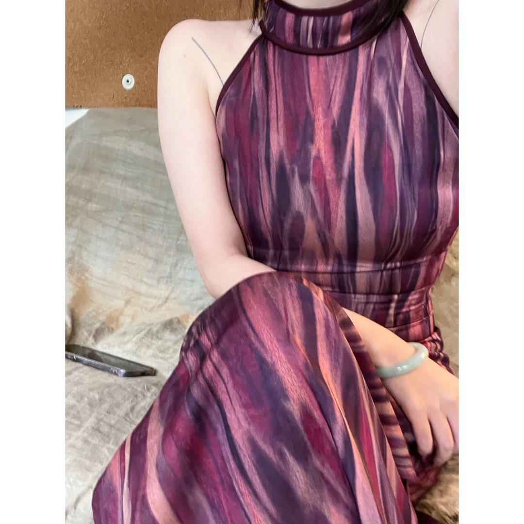 Lam muimui【流年】新中式显瘦复古挂脖旗袍显白紫色修身连衣裙夏季