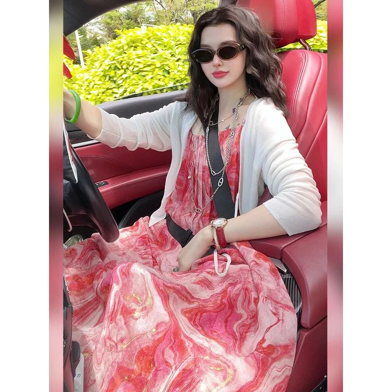 2025印花吊带连衣裙开衫8688百搭气质显瘦日常洋气时尚国风长款