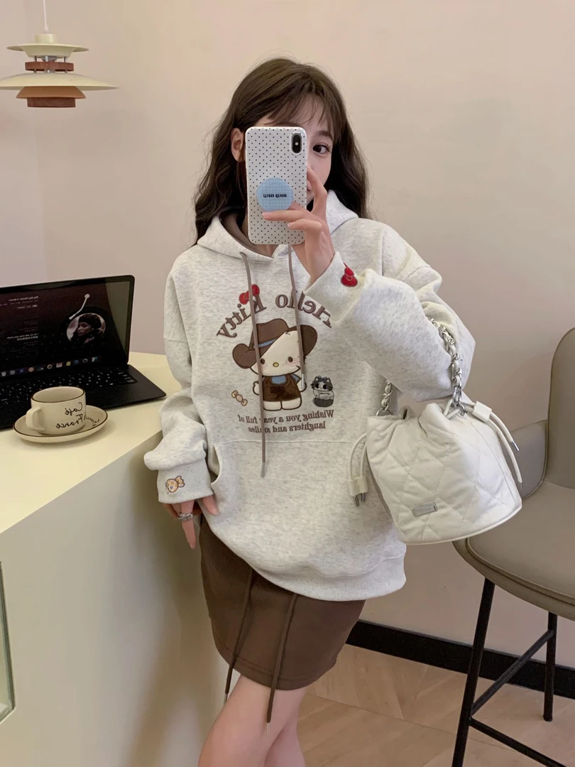 U家春款西部牛仔KT帽衫长袖百搭连帽宽松韩版学生休闲设计感卡通