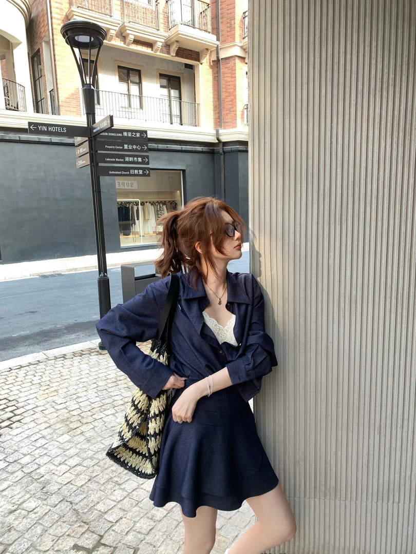 【芝士Cheese】波尔卡 春夏小众丹宁色百搭时尚长袖衬衫+短裙套装