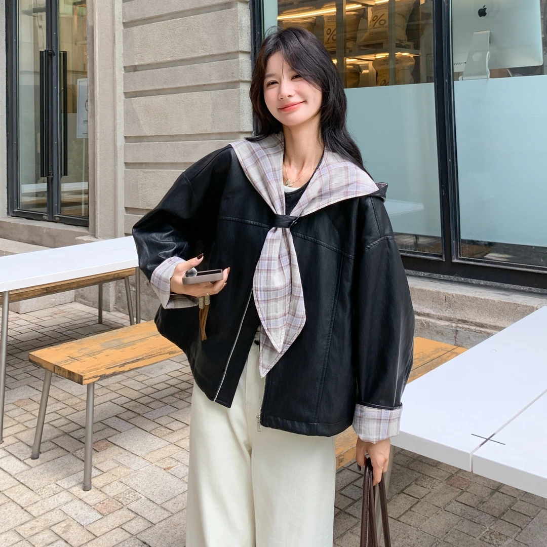 长袖口袋拼接春秋翻领短外套复古连帽帽子可拆卸复古港风短款皮衣