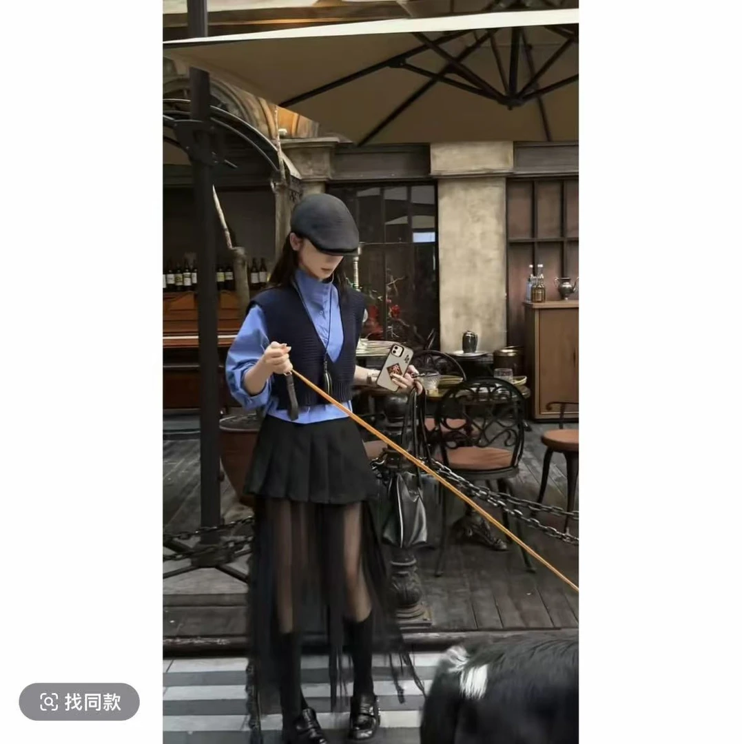 2025早秋新款时尚百搭真两件针织拼短衬衫宽松百褶长纱裙套装