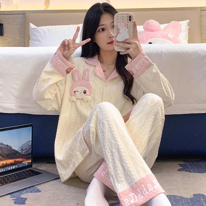睡衣女夏季开衫长袖长裤套装夏天女士2025新款卡通春秋冬款家居服