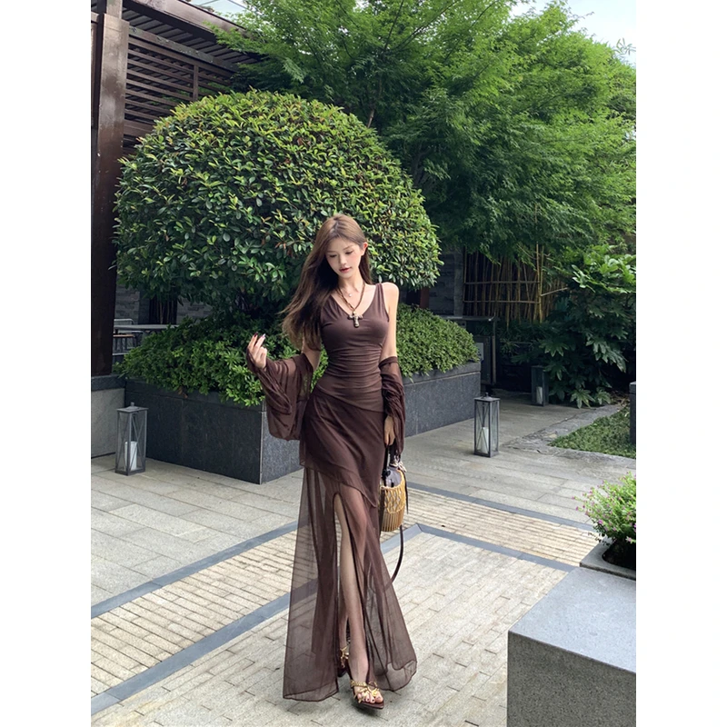 复古性感V领网纱开叉收腰显瘦吊带连衣裙包臀长裙+防晒开衫套装女