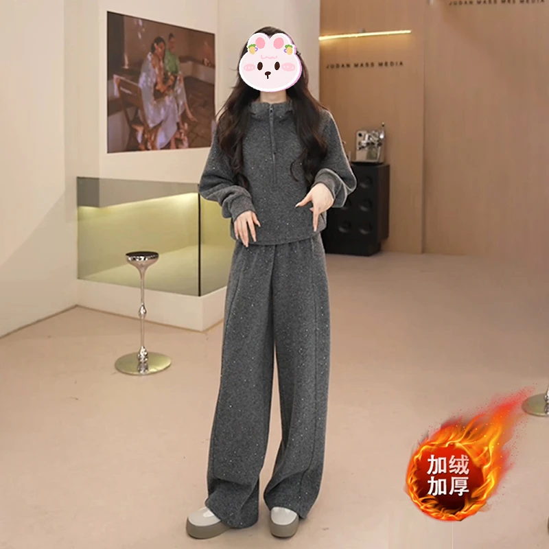 韩系连帽卫衣宽松长裤加绒两件套女2025冬季新款纯色显瘦时尚套装