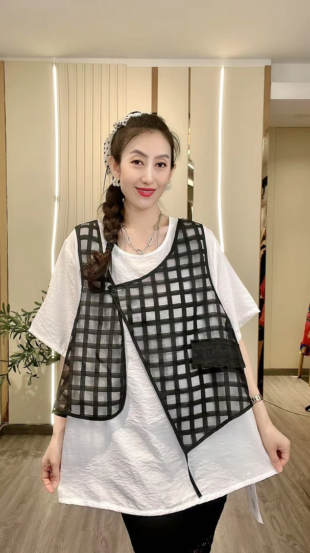 网格马甲假两件圆领小衫